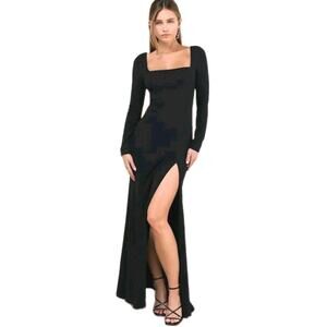 Lulus Infinitely Elegant Midnight Blue Long Sleeve Maxi Dress Formal Gown L NWT
